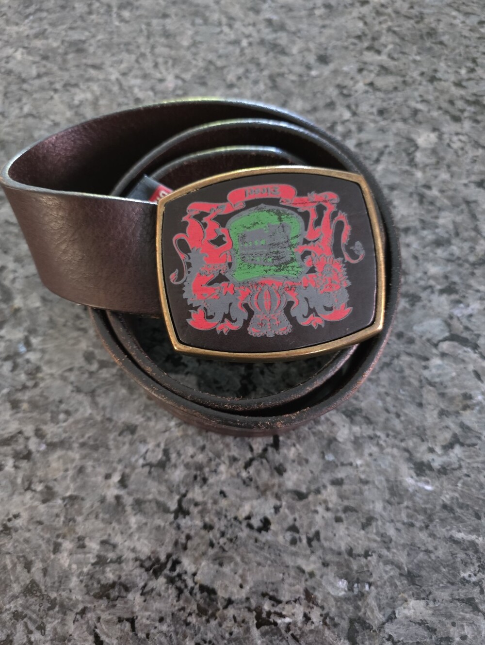 Diesel  Brown Leather Belt with Decorative Crest Buckle and Red-Green Accent 39"